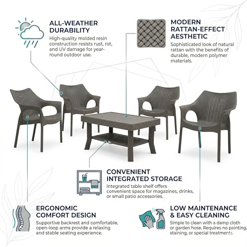 Image of Oaknest Supreme Cambridge with Vegas Plastic Outdoor Chair and Table Set | 4 Rattan Chairs + 1 Table | Weatherproof, Lightweight | Garden & Patio Use Champagne