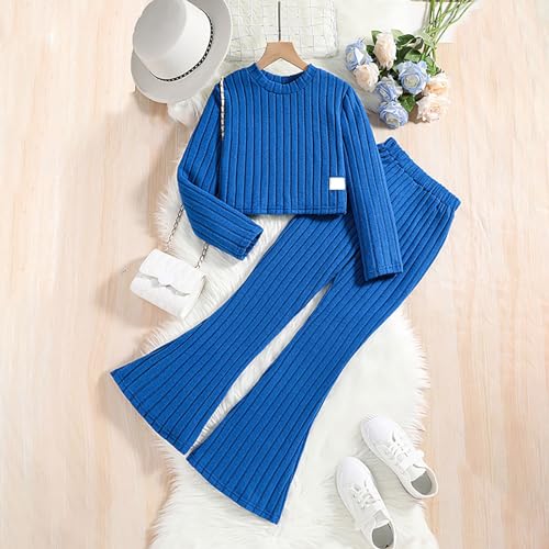 Kid Girls Solid Knit Ribbed Outfit 2 Piece Long Sleeve Crop Top Flare Pant Sweatsuit Fall Winter Personalised Tracksuit2