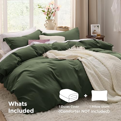 Image of Bedsure Olive Green Duvet Cover Twin /Twin XL Size - 2 Pieces Prewashed Polyester Extra Soft Bedding Set, Includes 1 Twin Duvet Cover 68''x90'' with Zipper Closure & 1 Pillow Sham, No Comforter