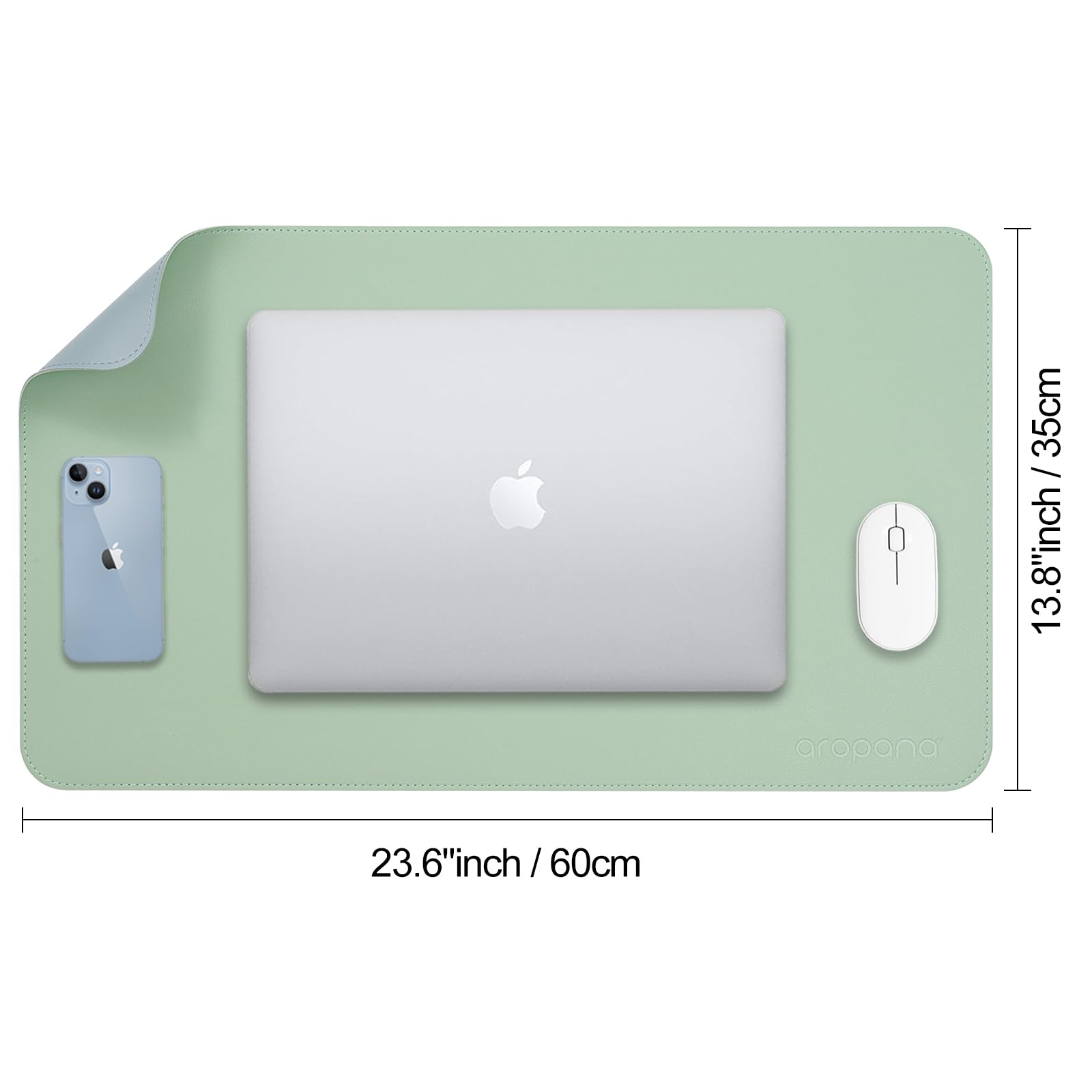 AROPANA Vegan Leather Desk Mat 60x35cm | Large Reversible Mouse Pad & Computer Table Protector | Dual-Side Waterproof Extended Laptop Pad with Edge-Stitched Design (Light Green and Blue) 3