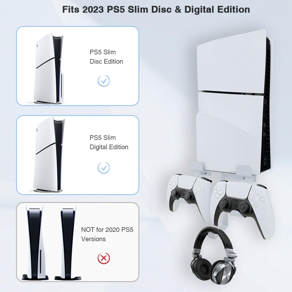 Wandhalterung für PS5 Slim/PS5 Pro Konsole, Aluminium PS5 Slim Disc/Digital Konsole Wandregal Halterung mit Controller & Kopfhörerhalter – Weiß (nicht für normale PS5)