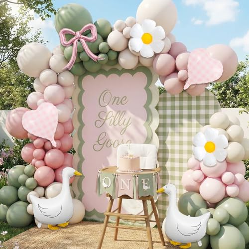 One Silly Goose Balloon Arch Kit Daisy Pink Pastel Balloon Garland with Goose Balloons Vintage Goose Birthday Decorations Baby Shower Arch for Girl (133PCS)