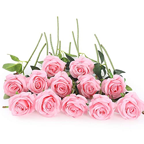 Laelfe 12 PCS Artificial Flowers Pink Roses Fake Silk Flowers Long Stem Artificial Roses for Home Wedding Decorations (Pink)