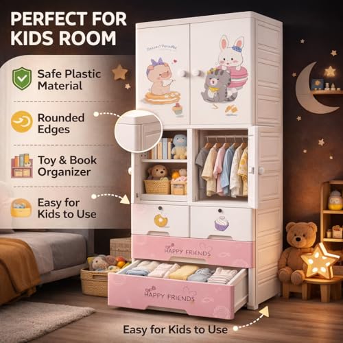 Image of AYSIS Kids Plastic Collapsible Wardrobe Organizer for Storage with Drawers | Cute Cartoon Design | Heavy Duty Cloth Organizer for Storage | Easy to Assemble | Perfect for Kids Room & Home | Sweet