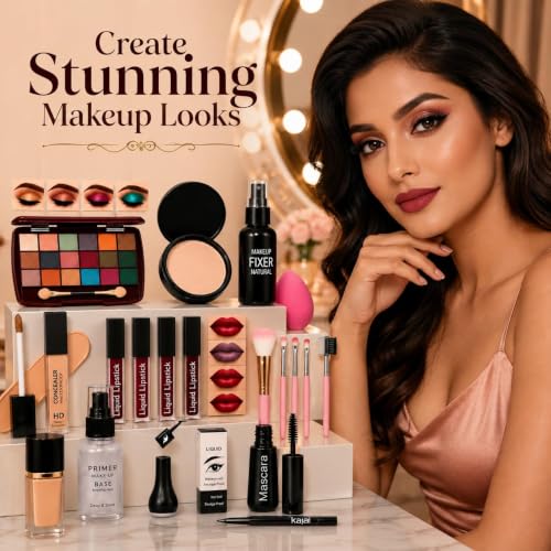 Image of Makeup Set, 20 Pcs Complete KitComplete Makeup Gift Set with Eyeshadow Palette, Foundation, Compact, Primer, Concealer, Lipsticks, Mascara, Eyeliner, Makeup Fixer,Nail paint, Brushes & Beauty Blender