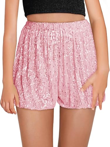 Haloumoning Girls Sequin Shorts High Waisted Wide Leg Sparkly Glitter Party Shorts 5-14 Years Pink
