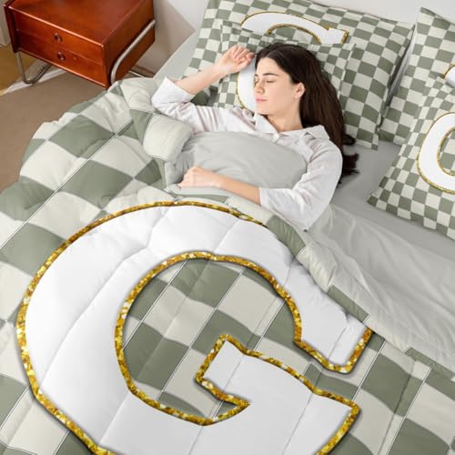 Image of Erosebridal Sage Green Checkered King Comforter Set with Sheets 7 Piece Plaid Initial G Bed in A Bag Personalized Monogram Bedding Sets for Kids Adults,Fashion Grids Gingham Bed Set