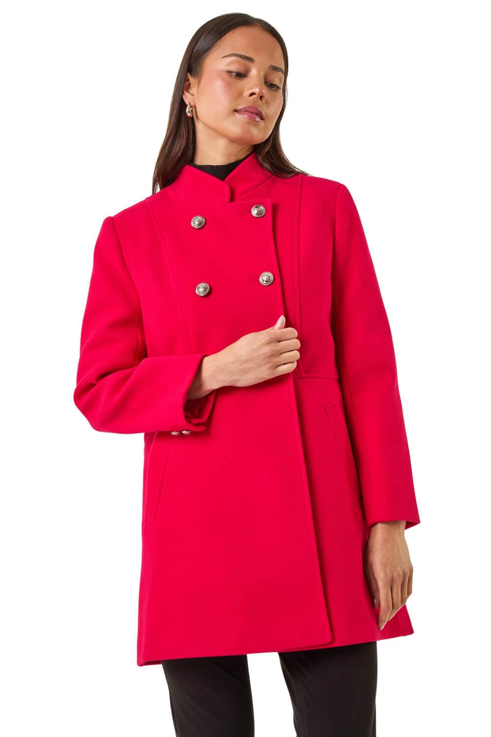 Roman Petite Military Buttoned Coat For Women UK - Ladies Everyday Autumn Winter Stand Collar Comfy Soft Evening Vacation Work Party Night Out - Petite Red - Size 14