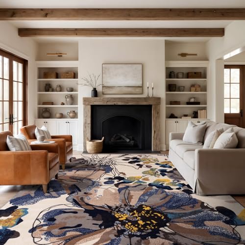 Rugshop Cream Bright Flowers Non Slip Non-Shedding Area Rug