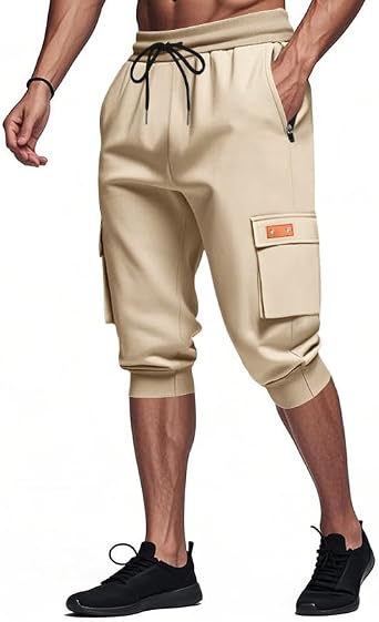 BIVENANT Mens Cargo Pants Summer Casual Elastic Waist Sweatpants Solid Sports Capri Pant with Pocket Drawstring 2025