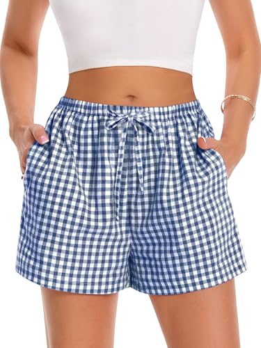 Women Boxer Shorts Comfy Gingham Drawstring Pajama Bottom Plaid Casual Pants with Pocket(Blue M)