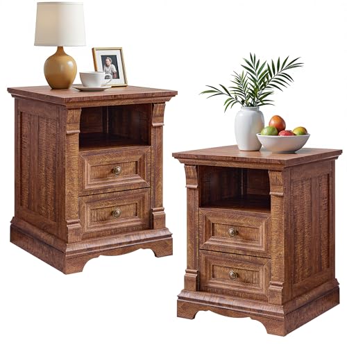 Image of Nightstand Set of 2, 18 inchWooden End Table with Charging Station Roman Column