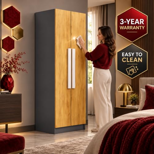 Image of Bniture Wooden Almirah for Clothes, Door for Bedroom, 2 Door Wardrobe with 4 Shelves Huge Storage Space (46D x 60W x 182H CM) | 3 Year Warranty (Slate Grey & Giant Wood)
