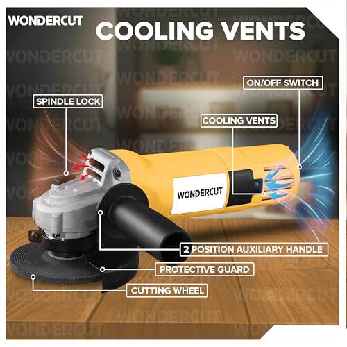 Image of WONDERCUT Angle Grinder WC-DW-801, 850W Copper Armature, Disc Dia 100mm, 11000 RPM, for Cutting, Grinding & Polishing with Protective Guard & Auxiliary Handle | Back Switch