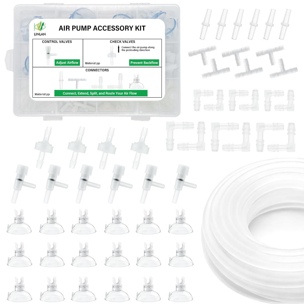 LINLAN 8M 4 * 6mm Silicone Airline Tubing with DIY Storage Box, Aquarium Air Pump Accessory Kit, 4 Check Valves, 6 Control Valves, 24 Connectors, 18 Suction Cup, for Fish Tank