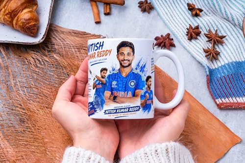 Image of Cricket Theme Coffee Mug IPL Edition - Stylish Helicopter Shot Print Cup - Gift for Cricket Fans, Boys & Friends (nitish kumar Reddy, Large)