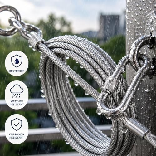 Image of Heavy Duty Clothes Drying Rope with Hooks, Stainless Steel Wire Clothesline for Balcony, Bathroom & Outdoor Use (10 Meter)