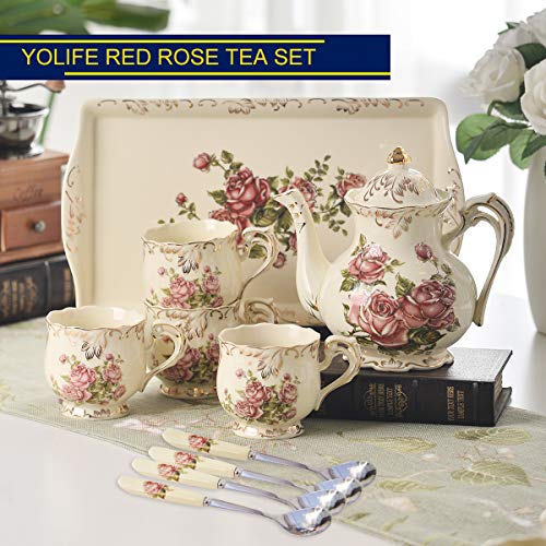 Yolife Porcelain Tea Set Vintage Rose, Tea Cups With Teapot, Serving Tray And Teaspoon Service For 4, Suitable For Tea Party Gifts #TOP1