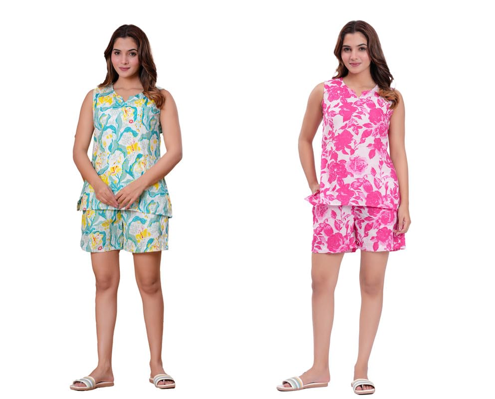 Women's Printed Pure Cotton Top & Shorts Set, Nightsuit Set, Sleepwear, Loungewear Pack of 2-image-9