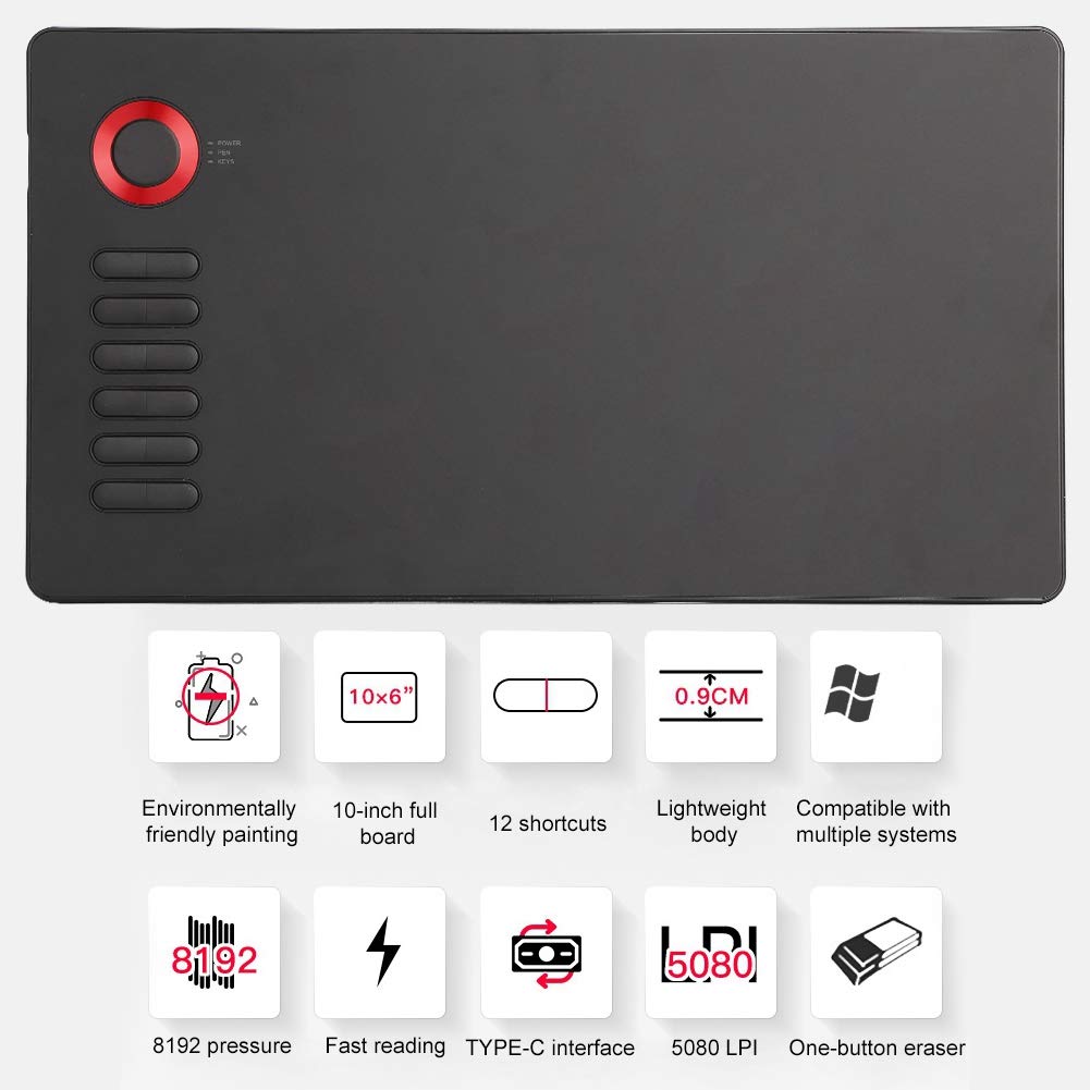 Cocoarm 10x6in Cyfrowy Tablet Graficzny do Rysowania, 8192 Poziomy Nacisku
