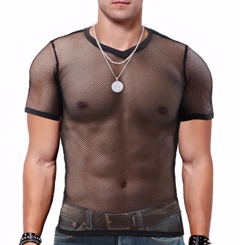 Netzhemd Herren, Netzshirt Herren, Ist mit Einer Silbernen Doppelschichtkette, Einem Durchscheinenden Design, Weit Verbreitet für Partys, Partys, Clubs Usw. Verwendet