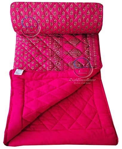 Image of Jaipuri Razai Single Bed Gold Print with Computerized Quilting Use as Soft and Breathable Cotton Comforter Quilt Rajai Blanket Dohar Size 55X85 inch Pink Pack of 1