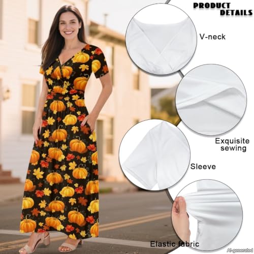 Image of Women's Fall Summer Short Sleeve Ankle Length V-Neck Party Dress with Pockets Size S-3XL
