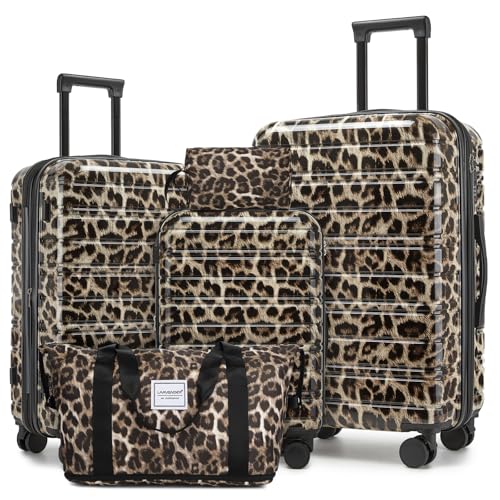 LARVENDER 5 Piece Luggage Set Hardside Expandable 20 24 28 Inch Cheetah Print