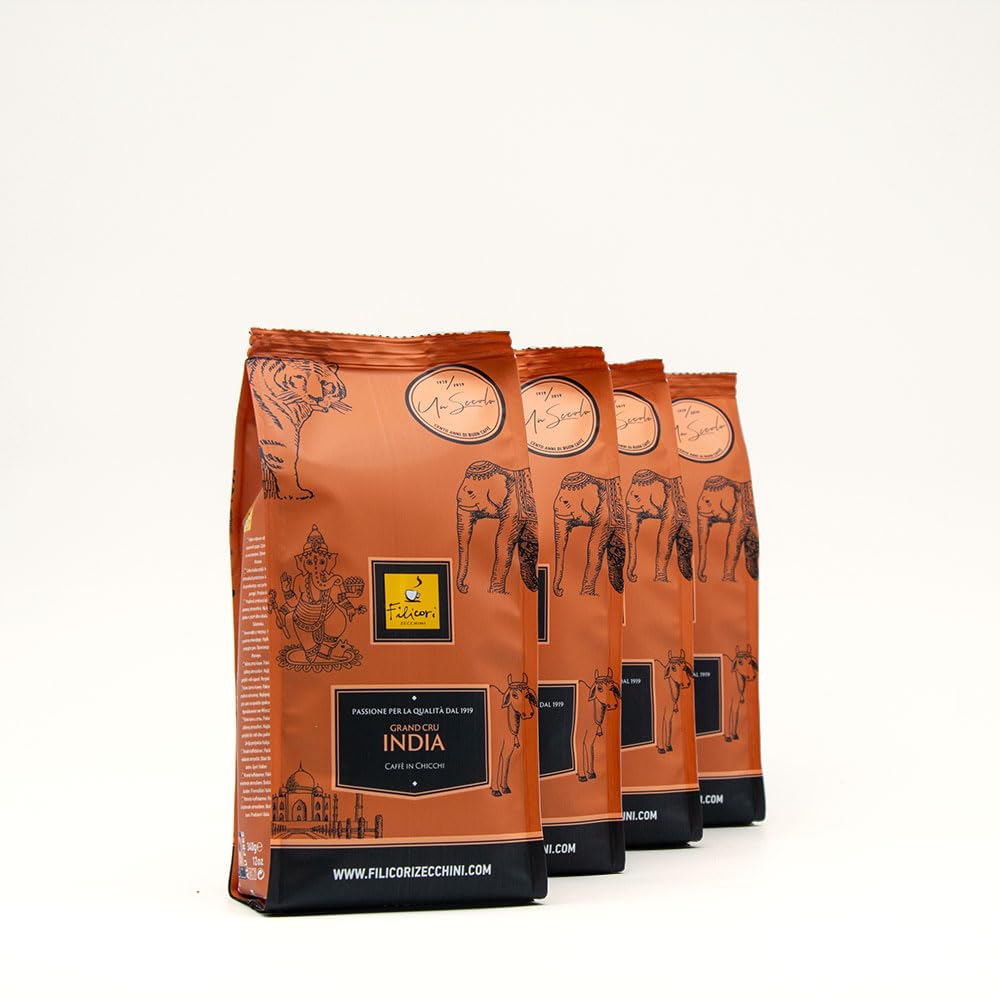 Filicori Zecchini | Medium Roast Espresso Whole Bean Coffee | Grand Cru India | 4 x 12 Ounce Bags with Flavor Notes of Dark Chocolate, Caramel, Honey | Made in Italy since 1919