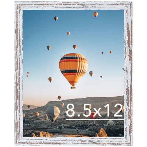 Image of 8.5x12 Picture Frame Rustic White for Wall Hanging or Tabletop, Wall Mounting Horizontally or Vertically, 8.5 x 12 Wall Gallery Poster Photo Frame with Shatter Resistant Plexiglass, Rustic White