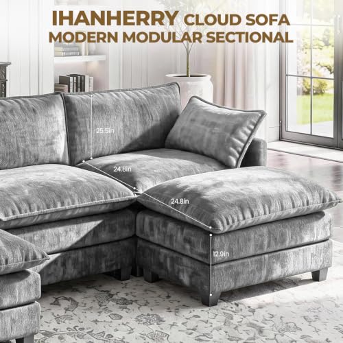 Image of 112 inch U-Shape Modular Sofa with 2 Ottomans, Deep Seat Cloud Convertible Sleeper, 2 Arm Pillows, Cozy Upholstered Furniture for Living Room Apartment, Dark Grey