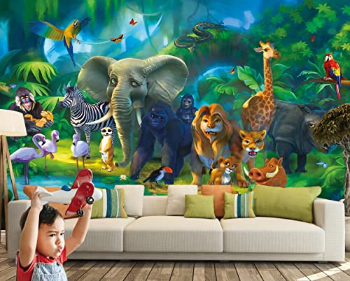 Great Art Kid’s Room Nursery Large Photo Wallpaper – Jungle Animals – Safari Adventure Colorful Rainforest Lion Elephant Monkey Wilderness Image Decor Wall Mural (132.3X93.7In - 336X238Cm) #TOP6