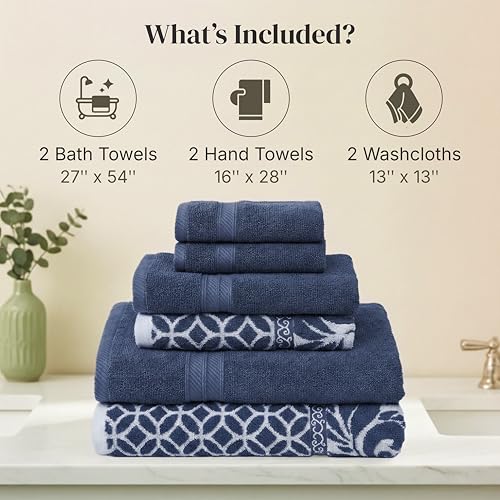 Image of Modern Threads 6 Piece Bath Towel Set - Bathroom Set with 2 Bath Towels, 2 Hand Towels, and 2 Wash Cloths - 100% Cotton, Super Absorbent & Extra Soft - Reversible Botanical Vine (Navy)