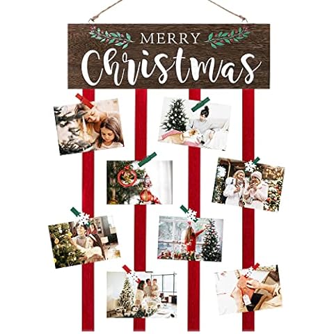 Christmas Card Holder Display, Card Holder Wall Display,Merry Christmas Wooden Decor,Hanging Picture Holders, Xmas Card Display with 24 Photo Clips, Christmas Decor for Wall Door Window Home Cover