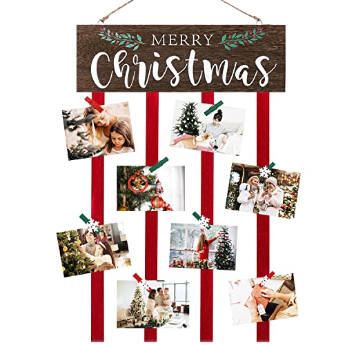 Christmas Card Holder Wall Display - Merry Wooden Decor With 24 Photo Clips for Hanging Pictures - Xmas Decor for Wall, Door, Window, Home