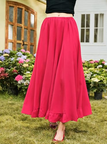 Long Skirts for Women Swing A-Line High Waist Boho Beach Flowy Ruffle Pleated Maxi Skirt4
