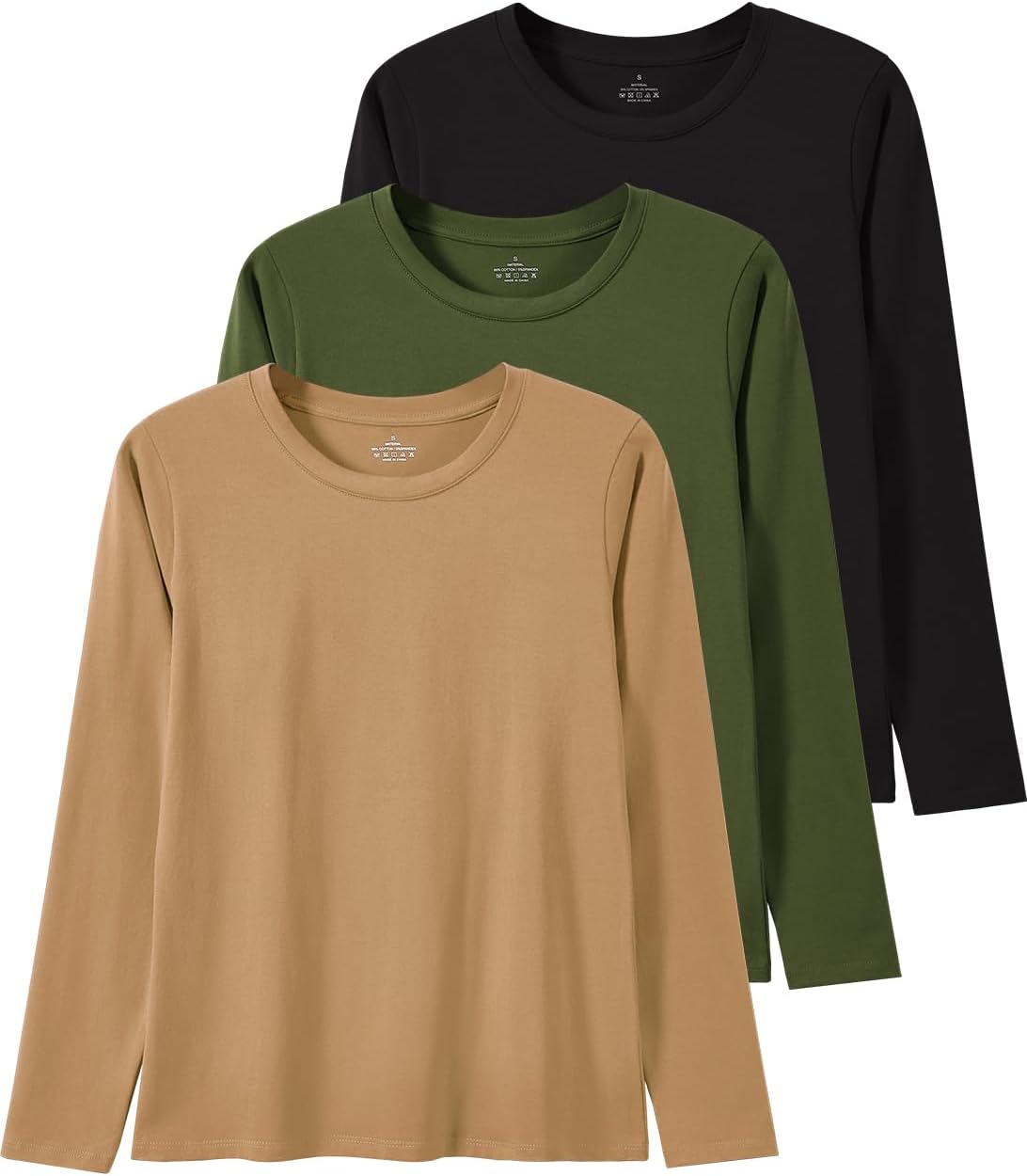 Xelky Womens Cotton Long Sleeve Shirts Workout Round Neck Casual Tops T-Shirt Plain Basic Soild Tee 3 Pack