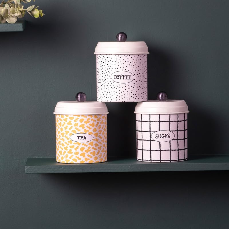 nestroots Tea Coffee Sugar Containers Set of 3 | 750g Airtight Kitchen Storage Jars & Canisters for Dry Fruits, Spices, or Baking Essentials | patchy White Tin Design for Modern Kitchen Decor