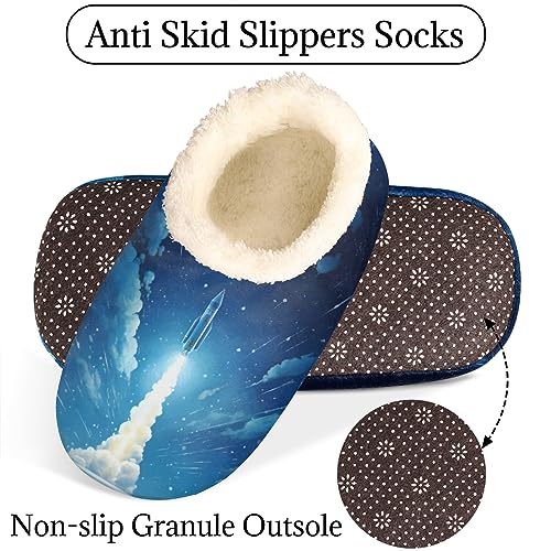 Space Rocket Slippers for Women Men, Galaxy Planet House Slippers Socks Warm Fuzzy Memory Foam Indoor Slippers Lightweight Cozy Anti-Skid Closed Back Home Shoes, Medium4