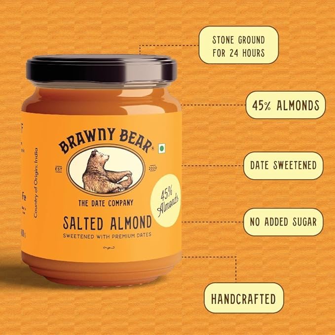 Image of Brawny Bear Peanut Butter, Chocolate Hazelnut Spread & Almond Butter Combo, 100% Natural Sweetened with Dates, Vegan, Smooth Healthy Nut Butter, No Added Sugar & Preservative Pack of 3-200 gm each