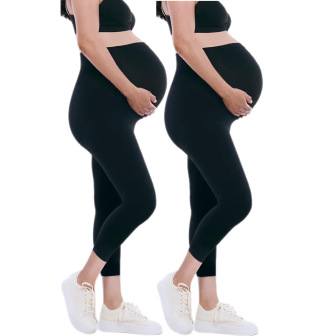Motherhood Maternity Womens Essential Stretch Secret Fit Over The Belly Pregnancy Crop Capri Legging - 2 Pack