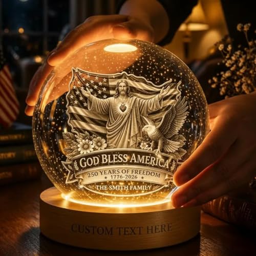 Image of 250 Anniversary USA Merchandise, Personalized 250th Anniversary Crystal Ball Night Light, Custom 1776-2026 USA LED Lamp, Engraved Patriotic Gift, American Independence Decor Light for Desk