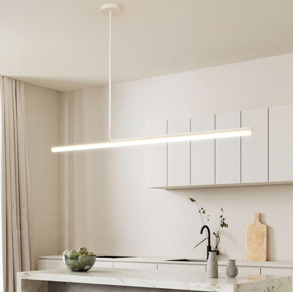 KXEcoLife Modern LED Pendant Light, 40W Adjustable Chandelier with Remote Control, Linear Design for Dining Room, Kitchen, Office, Restaurant - White, 120cm