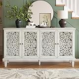 FIVEGIVEN Vintage Sideboard Buffet Table Accent Credenza Storage Cabinet with 4 Hollow Carving Doors Adjustable Shelves Wood Legs for Kitchen Dining Living Room Entryway 60 Inch Antique White