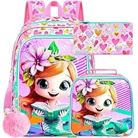 gxtvo Conjunto de 3 peças de mochila de sereia para meninas, mochila infantil de 40,6 cm com lancheira, mochila escolar resistente à água para crianças pré-escolares do ensino fundamental - rosa