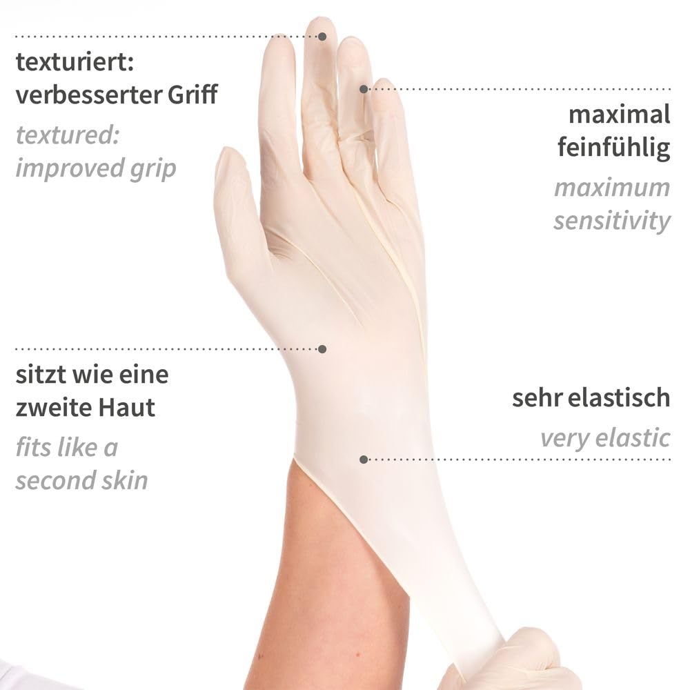 FRANZ MENSCH 100 Stück Hygonorm Latexhandschuhe Grip Light | puderfrei, weiß, 7/S, L: 24cm, Packung, Einweghandschuhe, Latexhandschuhe,Putzhandschuhe,Einmal Handschuhe bei Günstiger Preis
