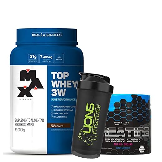 Top Whey 3W 900G Mais Performance Morango - Max Titanium + Creatina Hcl Under Cret Micro Dose 54 Doses - Under Labz + Coqueteleira