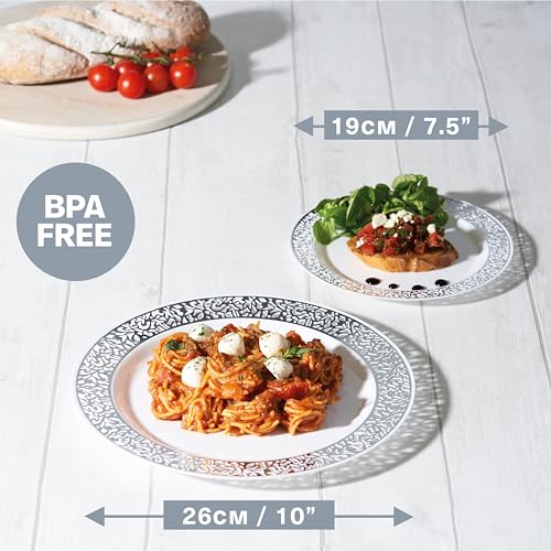 MATANA 40 Premium White Plastic Plates with Silver Lace Rim - 20x 26cm Dinner Plates, 20 19cm Side Plates - Elegant Party Plates, Reusable Plastic Plates for Weddings, Birthdays, Picnic, Parties - 4