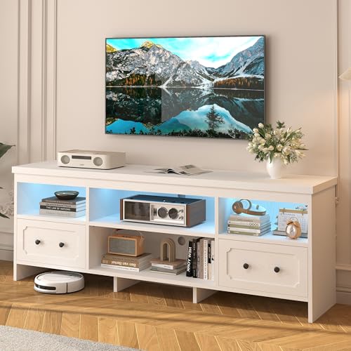 IRONCK TV Stand for 75 Inch TV, 71" LED Entertainment Center with Storage Cabinets, Power Outlets and Open Shelf, Media Console TV Cabinet with Drawers for Living Room, White