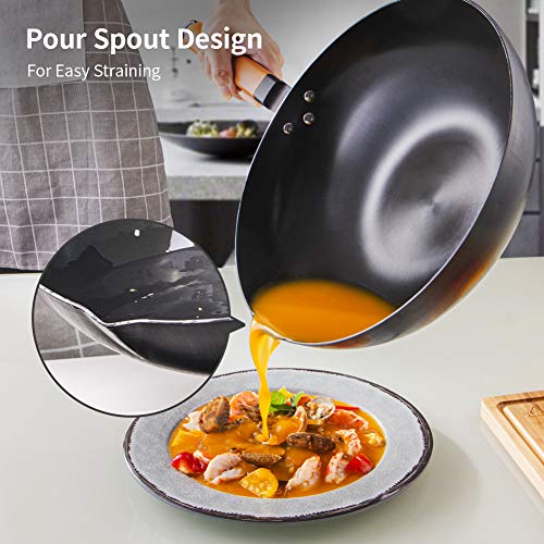 SKY LIGHT Wok Pan with Lid, No Chemical Stir Fry Pan 12.5-inch, 100% Carbon Steel Chinese Iron Pot with Detachable Wooden Handle, Scratch Resistant Flat Bottom for Electric, Induction & Gas Stoves - Thumbnail 6